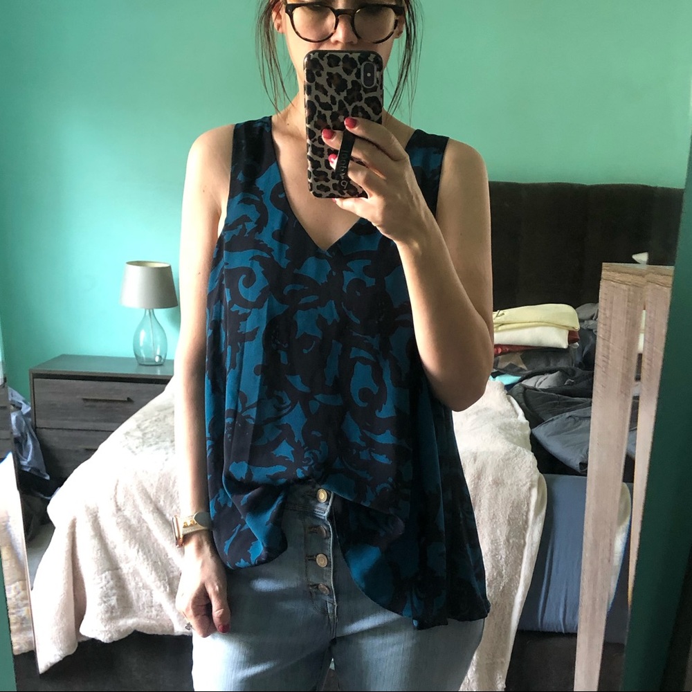 Eight Sixty Teal‎ Navy Blue Abstract Damask V-Neck Sleeveless Blouse Medium